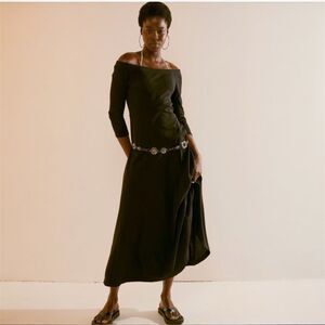 Free People FP Beach Carrie Black Midi Dress Small Off Shoulder 3/4 Long Sleeve